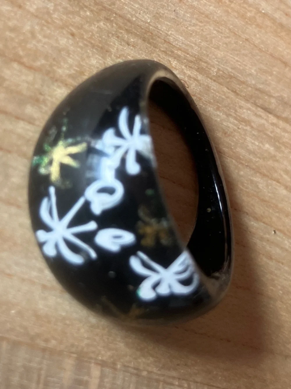 RARE Vintage Black Lucite Chunky Dome Ring Floral Hand Painted Size 10